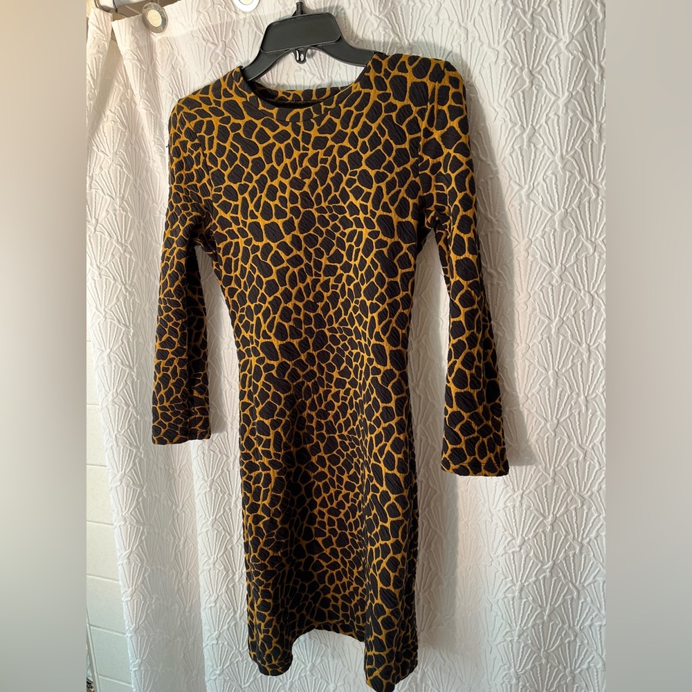 Hi-Line leopard animal print black tan bodycon stretch mini dress M